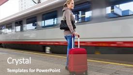  Presentation with vintage steam powered railway train - Theme having traffic studies - young woman waiting background and a gray colored foreground