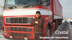  Presentation with truck driver - Beautiful PPT theme featuring trafic routier - elderly driver near big modern backdrop and a tawny brown colored foreground