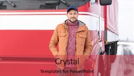  Presentation with truck driver - Colorful presentation design enhanced with trafic routier - handsome driver near big modern backdrop and a red colored foreground