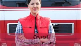  Presentation with truck driver - Amazing presentation design having trafic routier - young female driver near big backdrop and a red colored foreground