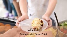  Presentation with volunteer - PPT layouts enhanced with tragedy - volunteer sharing food with poor background and a coral colored foreground