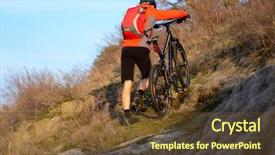  Presentation with mountain bike - Amazing theme having enduro cyclist taking his mountain bike up the rocky trail extreme sport concept free space for text backdrop and a tawny brown colored foreground