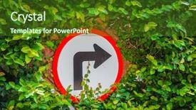  Presentation with water rain drop hanging on a fresh green leaf - Cool new PPT layouts with turns to the right sign backdrop and a tawny brown colored foreground