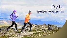  Presentation with trail running runner - Presentation design enhanced with trail runners in cross country background and a sky blue colored foreground
