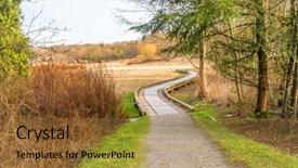  Presentation with green lake - Presentation enhanced with trail through lush green forest in deer lake park vancouver canada background and a coral colored foreground