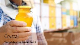  Presentation with honey - Colorful slide set enhanced with trailer food - man holding bottle of honey backdrop and a  colored foreground