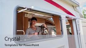  Presentation with caravan - Presentation theme having trailer food - woman cooking in camper motorhome background and a lemonade colored foreground