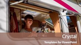  Presentation with caravan - PPT theme having trailer food - woman cooking in camper motorhome background and a violet colored foreground