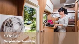  Presentation with cooking - Slide deck having trailer food - woman cooking in camper motorhome background and a coral colored foreground