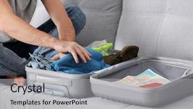  Presentation with suitcase - PPT theme enhanced with load map - man packing his grey suitcase background and a light gray colored foreground
