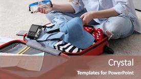  Presentation with suitcase - Presentation theme featuring travelers bag train - woman packing her red suitcase background and a violet colored foreground