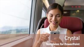  Presentation with travel app - Slide set with train woman sitting in transport background and a coral colored foreground