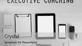  Presentation with coaching - PPT theme enhanced with trained ressources - office set on light wooden background and a  colored foreground