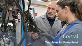  Presentation with mechanics - Cool new slides with trainee-with-mechanics-manager-working backdrop and a ocean colored foreground