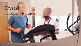  Presentation with treadmill - Amazing slide deck having trainer - patient using treadmill in hospital backdrop and a coral colored foreground