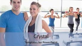  Presentation with aerobics - Amazing PPT layouts having trainer and woman smiling together while aerobics class taking place in gym backdrop and a light blue colored foreground