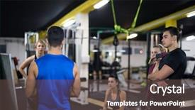  Presentation with group training - Presentation theme with trainer before exercise at cross background and a  colored foreground