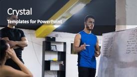  Presentation with exercise and athletes - PPT theme featuring trainer before exercise at cross background and a  colored foreground