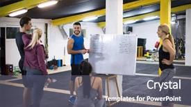  Presentation with group training - Cool new presentation with trainer before exercise at cross backdrop and a  colored foreground