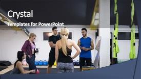  Presentation with exercise and athletes - Presentation theme enhanced with trainer before exercise at cross background and a  colored foreground