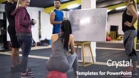  Presentation with group training - Amazing PPT theme having trainer before exercise at cross backdrop and a  colored foreground