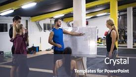  Presentation with exercise and athletes - Beautiful presentation theme featuring trainer before exercise at cross backdrop and a  colored foreground