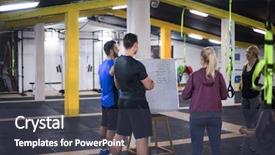  Presentation with group training - PPT theme enhanced with trainer before exercise at cross background and a  colored foreground