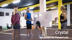  Presentation with exercise and athletes - Cool new presentation with trainer before exercise at cross backdrop and a  colored foreground