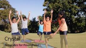  Presentation with yoga kids - Cool new presentation theme with trainer examining kids practicing yoga backdrop and a coral colored foreground
