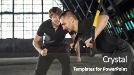  Presentation with resistance - PPT theme enhanced with trainer exercising with a resistance background and a dark gray colored foreground