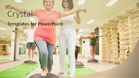  Presentation with senior fitness - PPT theme consisting of trainer-gives-senior-help background and a lemonade colored foreground