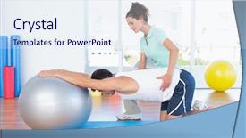  Presentation with exercise trainer - Slide deck with trainer helping man with exercise background and a  colored foreground