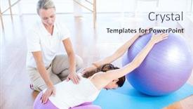  Presentation with exercise trainer - PPT theme having trainer helping woman with exercise ball in medical office background and a cool aqua colored foreground