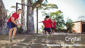  Presentation with training camp - Colorful PPT layouts enhanced with trainer instructing kids during tyres backdrop and a violet colored foreground