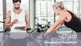  Presentation with exercise bike - Presentation theme having trainer looking at stopwatch and woman using exercise bike at the gym background and a gray colored foreground