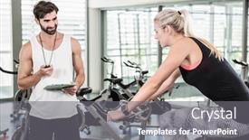  Presentation with exercise bike - Slide set enhanced with trainer looking at stopwatch and woman using exercise bike at the gym background and a gray colored foreground