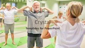  Presentation with exercise trainer - PPT theme with trainer-or-physiotherapist-shows-seniors background and a soft green colored foreground