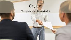  Presentation with assessment center - Presentation theme enhanced with trainer-or-teacher-distributes-questionnaires background and a  colored foreground