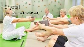  Presentation with exercise trainer - PPT theme consisting of trainer-shows-seniors-an-exercise background and a soft green colored foreground