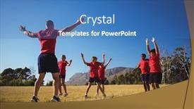  Presentation with training camp - Presentation theme enhanced with trainer training kids in the boot camp on a sunny day background and a teal colored foreground