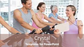  Presentation with walking exercise - PPT theme featuring trainer walking along people working out at exercise bike class in gym background and a coral colored foreground