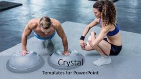  Presentation with trainer - Audience pleasing slide set consisting of trainer watching muscular man doing bosu ball push ups backdrop and a light blue colored foreground