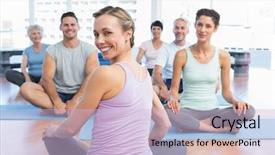  Presentation with exercise trainer - PPT theme with trainer with sporty people sitting background and a lemonade colored foreground