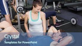  Presentation with helping man - Amazing presentation design having trainer woman helping man doing his crunches at gym backdrop and a ocean colored foreground