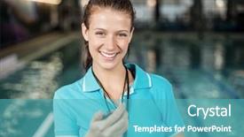  Presentation with trainer - Colorful theme enhanced with trainer woman holding a stopwatch on poolside backdrop and a teal colored foreground