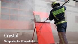  Presentation with fire red - Cool new presentation theme with trainig - firefighter with hose directs water backdrop and a  colored foreground