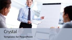  Presentation with whiteboard - Colorful PPT layouts enhanced with training - cheerful office worker pointing backdrop and a light blue colored foreground