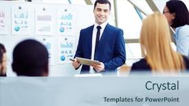  Presentation with managers - Slide set featuring training - chief gathering his managers background and a light blue colored foreground