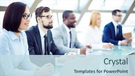  Presentation with group training - Beautiful PPT layouts featuring training - group of people in conference backdrop and a sky blue colored foreground