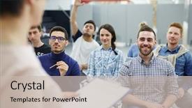  Presentation with speaker - PPT theme featuring training - groupmates listening to lecturer background and a soft green colored foreground